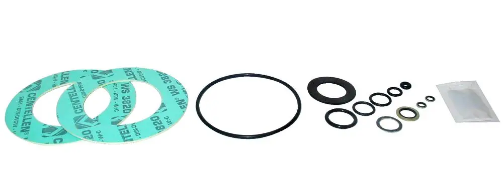 Set mit Dichtungen und O-Ringen von Danfoss, bestehend aus mehreren Gummidichtungen und einer kleinen Tüte, angeordnet auf einem weißen Hintergrund.